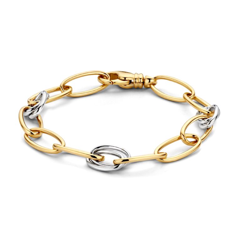 Pulsera de dama de 14 quilates en oro amarillo y blanco, con eslabones grandes y cierre de langosta.