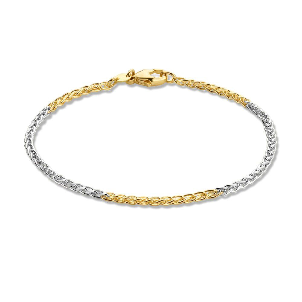 Pulsera elegante de oro de 14 quilates en tonos amarillo y blanco con diseño trenzado.
