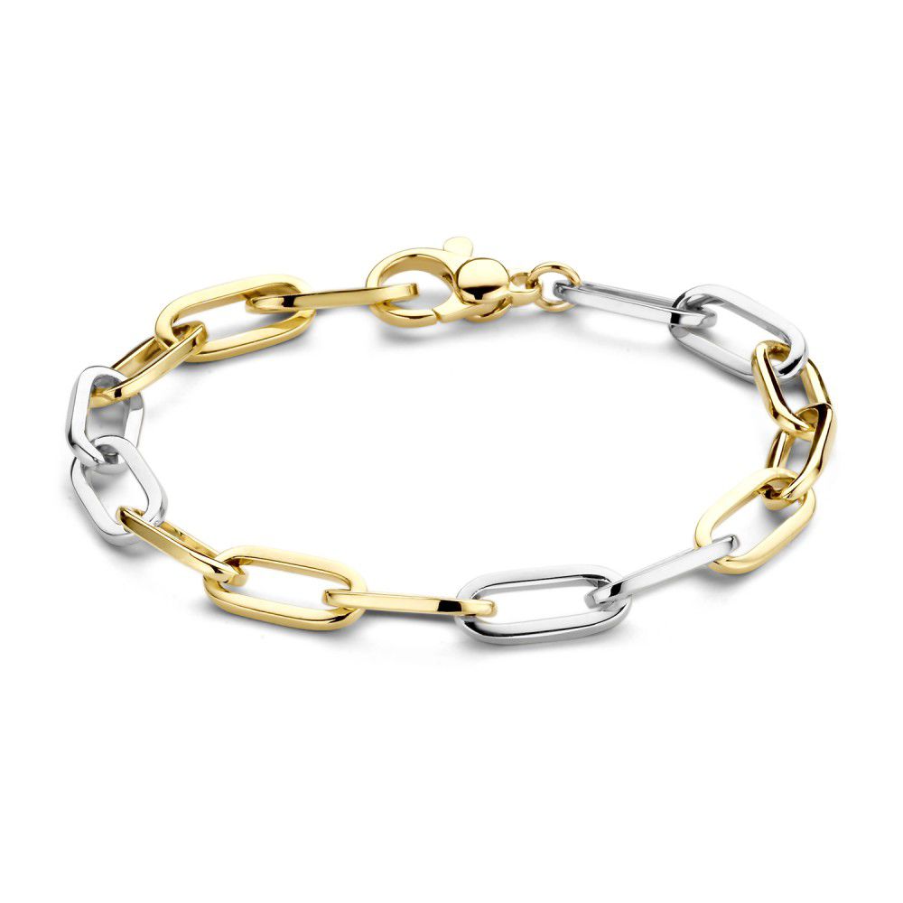 Pulsera de 14 quilates en oro amarillo y blanco, con eslabones alternos y cierre de langosta.