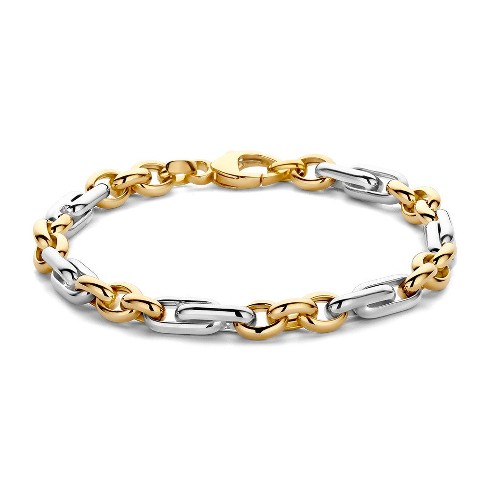 Pulsera bicolor con eslabones plateados y dorados, cierre de gancho.