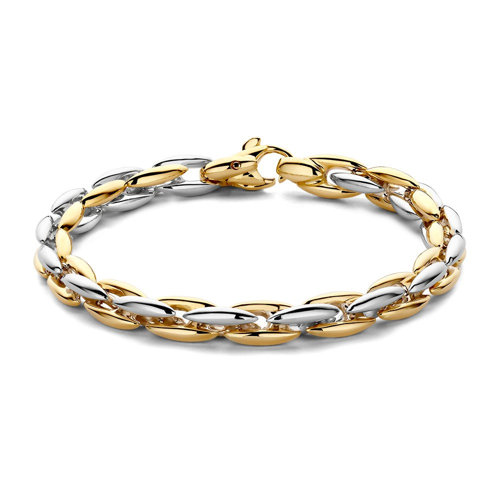 Pulsera bicolor con eslabones de oro y plata, diseño entrelazado y cierre de langosta.
