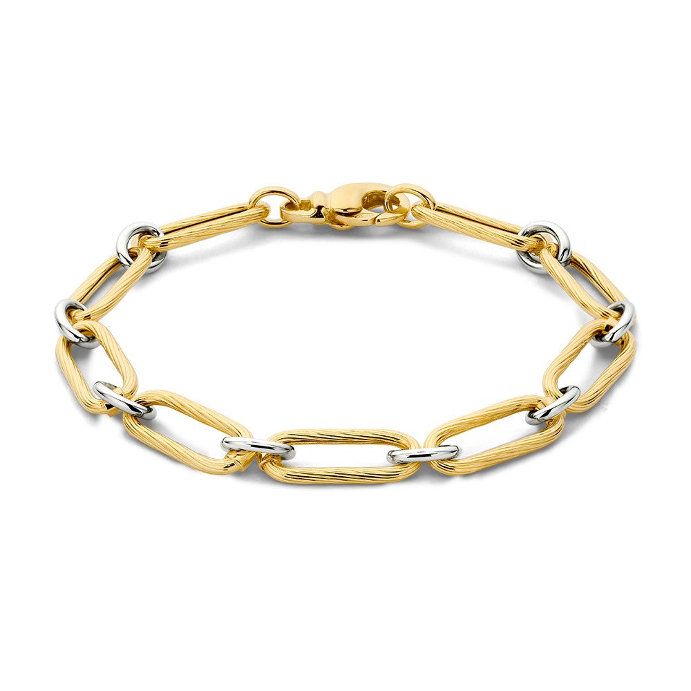 Pulsera bicolor con eslabones dorados y plateados, acabado brillante y cierre de langosta.