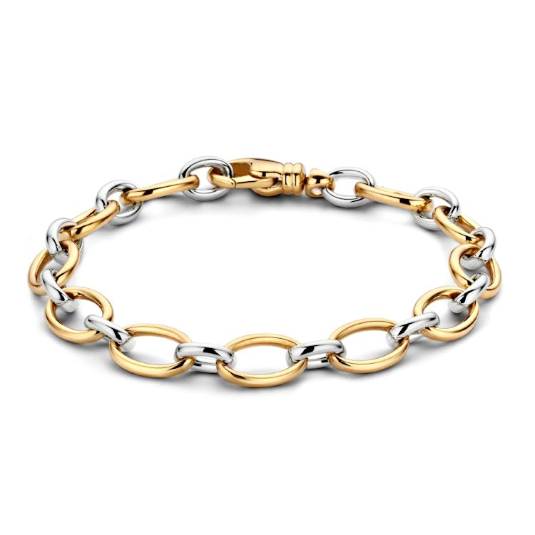Pulsera elegante de oro amarillo y blanco de 14 quilates, con eslabones alternos.