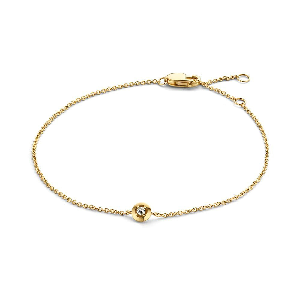 Pulsera de oro amarillo de 14 quilates con un brillante de 0,03 quilates, diseño elegante.
