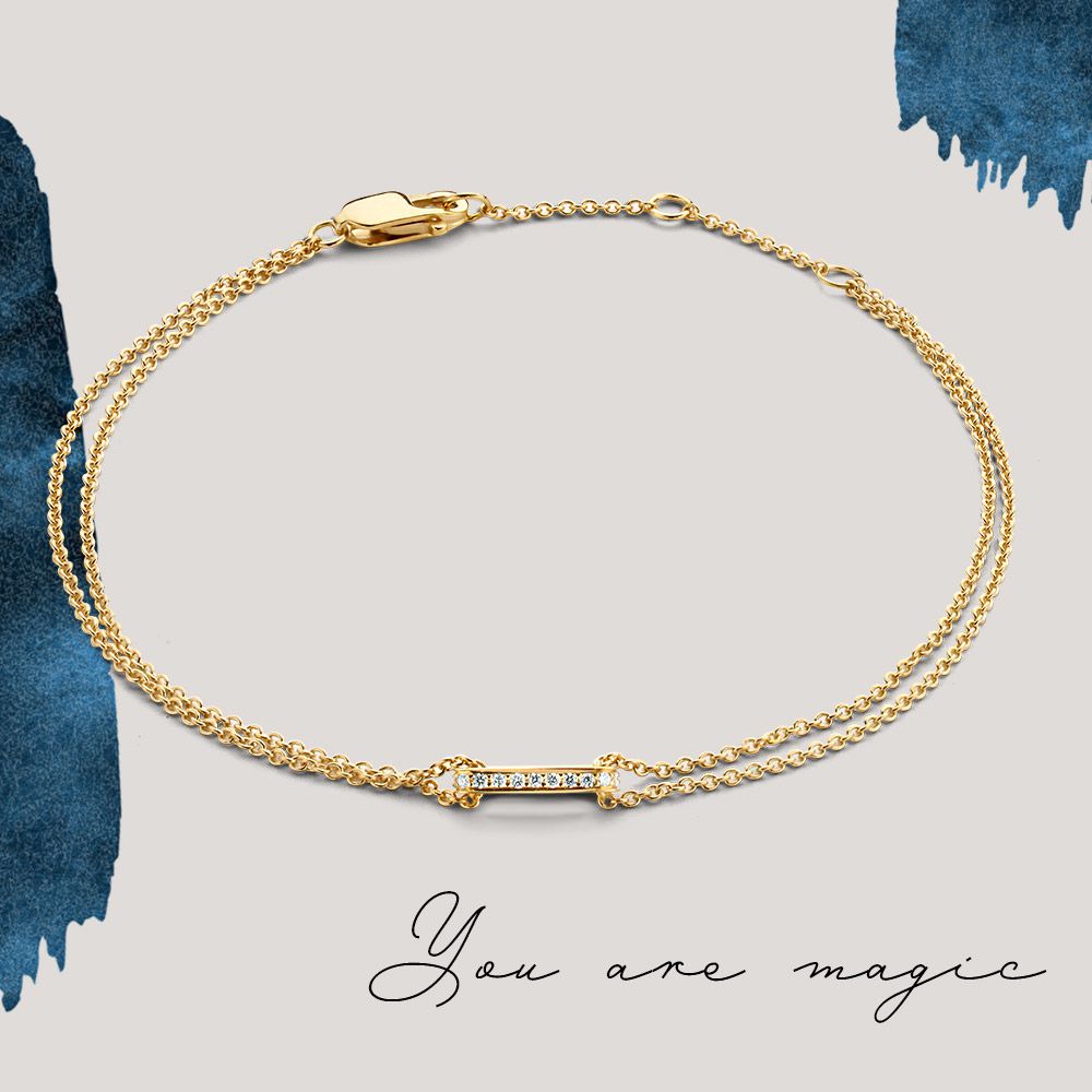 Pulsera de oro amarillo con diamantes brillantes – 14 quilates de oro, 0.06 quilates de diamante, pulsera elegante de mujer