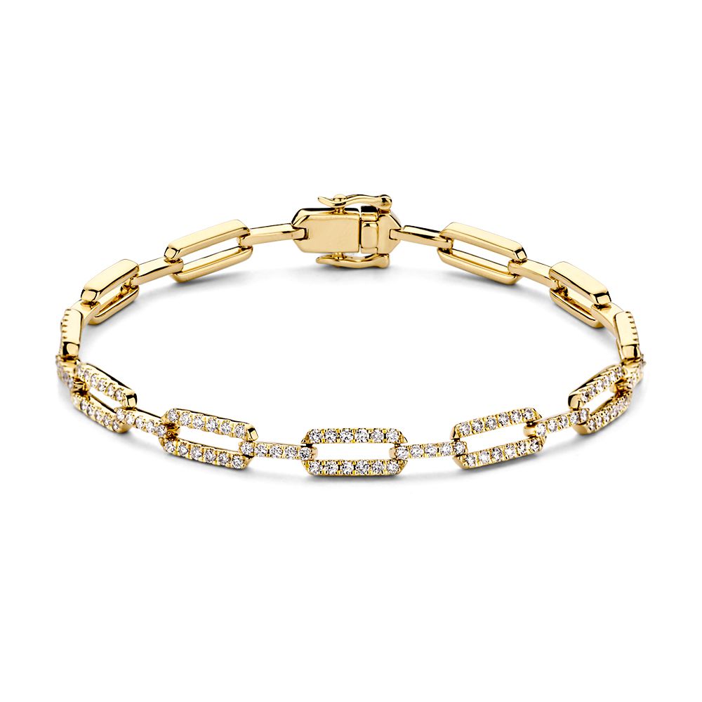 Pulsera de oro amarillo de 14 quilates con diamantes, diseño lujoso y detalles brillantes.
