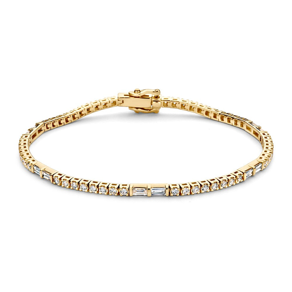 Pulsera de tenis de oro amarillo con diamantes brillantes y baguette, 14 quilates.