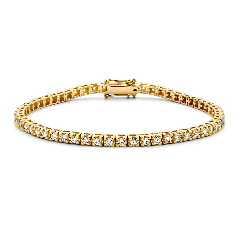 Pulsera de tenis de oro amarillo con diamantes en engaste chatón, 14 quilates, 2.00 quilates de diamante.