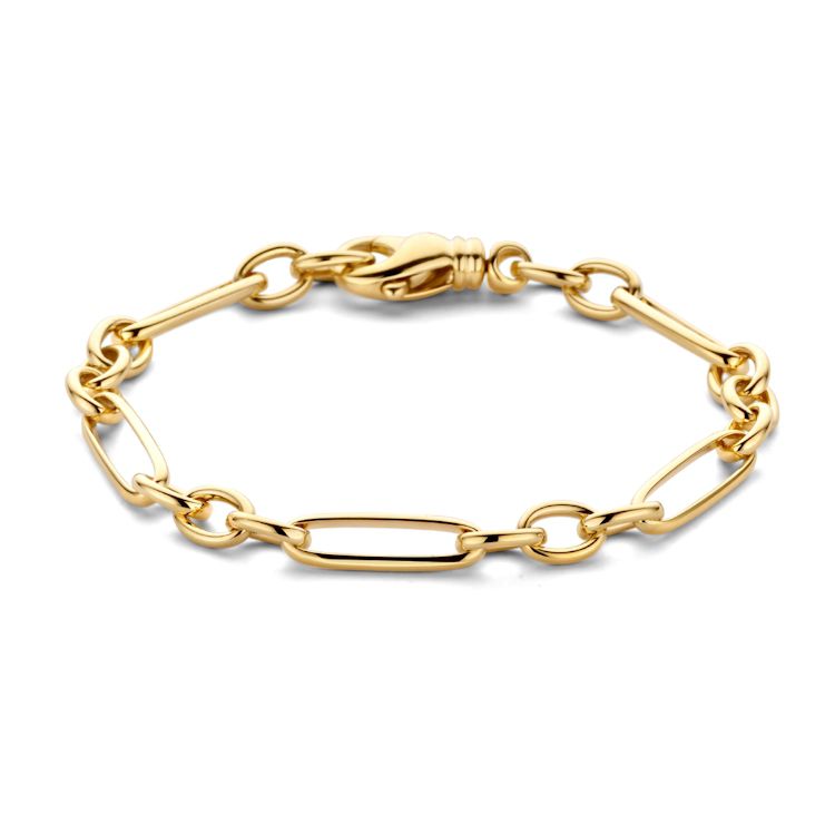 Pulsera de eslabones en oro amarillo de 14 quilates con cierre de langosta y eslabones alternos.