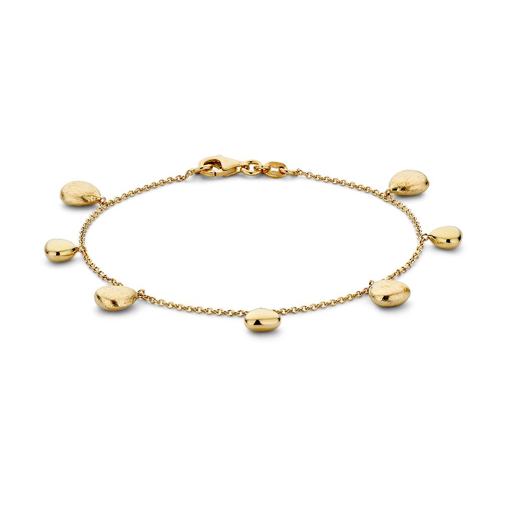 Pulsera de oro amarillo de 14 quilates con elementos colgantes, longitud de 19 cm.