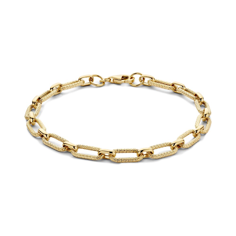 Pulsera de eslabones en oro amarillo de 14 quilates con eslabones trabajados, 19 cm.