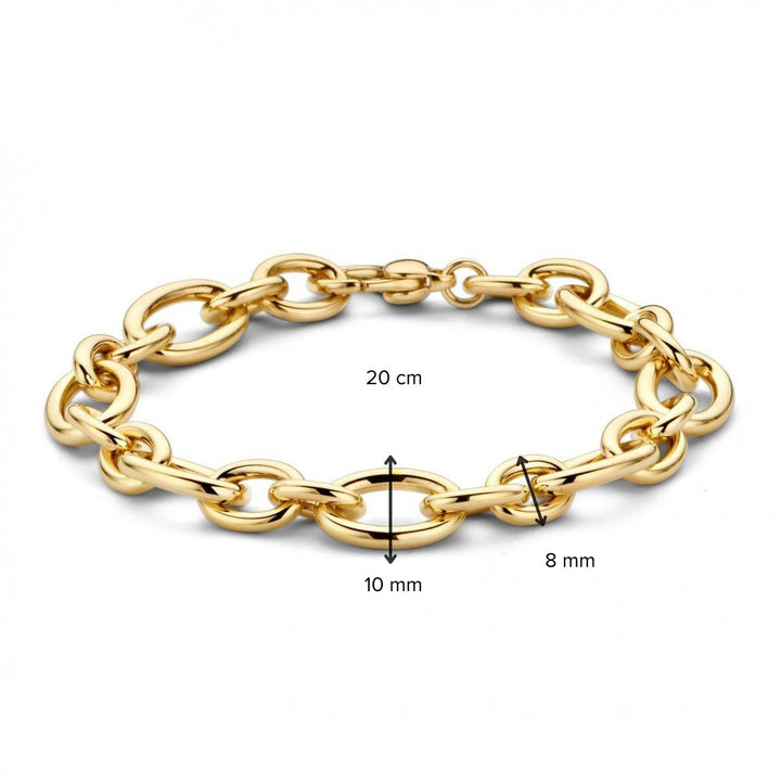 De Geelgouden Armband 14 Karaat van Excellent Jewelry, 20 cm lang en 10 mm breed, met ovale schakels en tijdloze uitstraling, wordt gepresenteerd op een witte achtergrond. Gratis verzending.