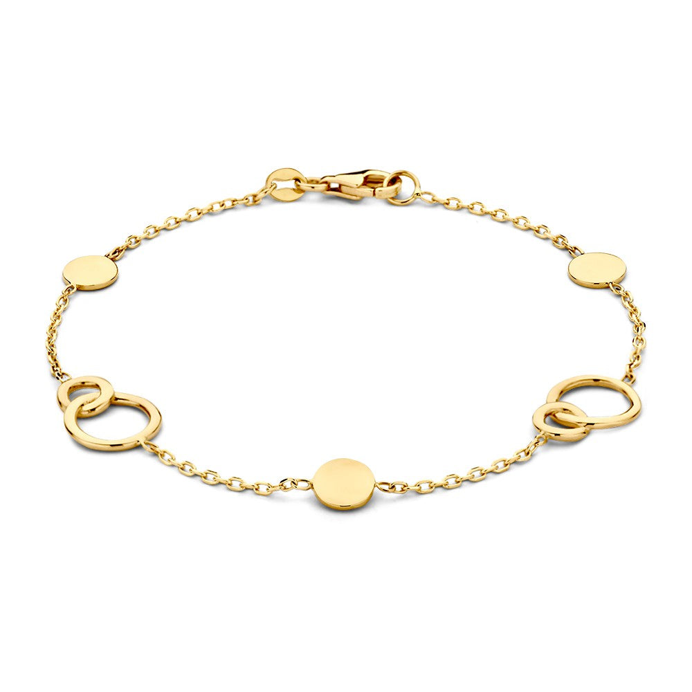 Pulsera de oro amarillo de 14 quilates con círculos conectados y detalles brillantes.