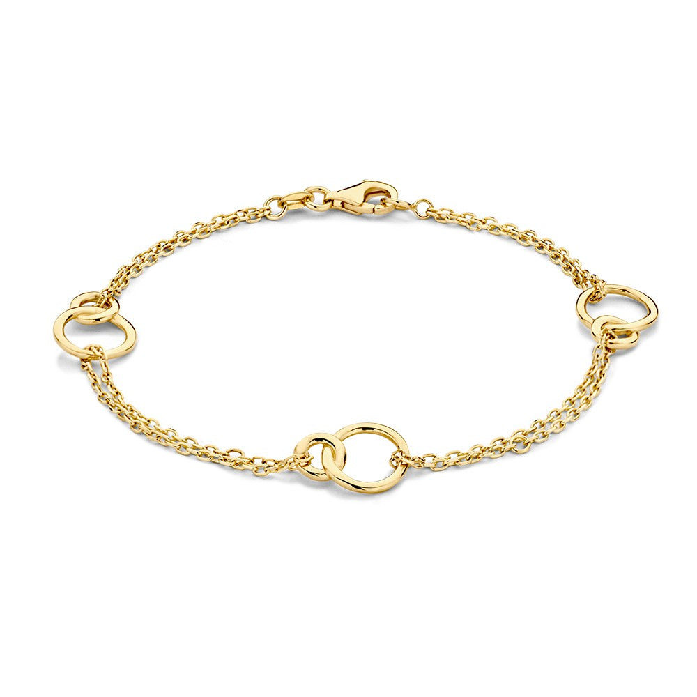 Pulsera de oro amarillo con doble fila y elementos de círculos conectados.