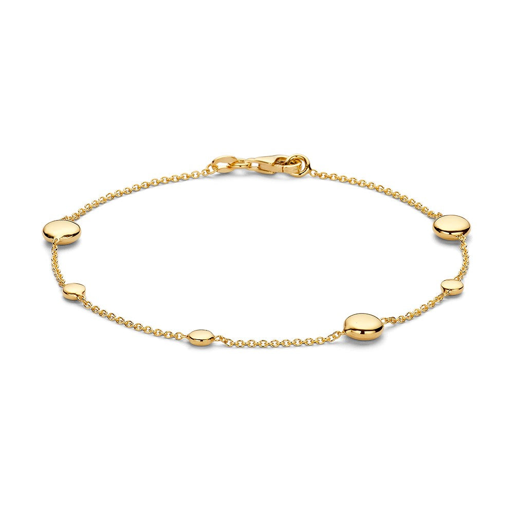 Pulsera amarilla de oro de 14 quilates con elementos redondos y un diseño juguetón.