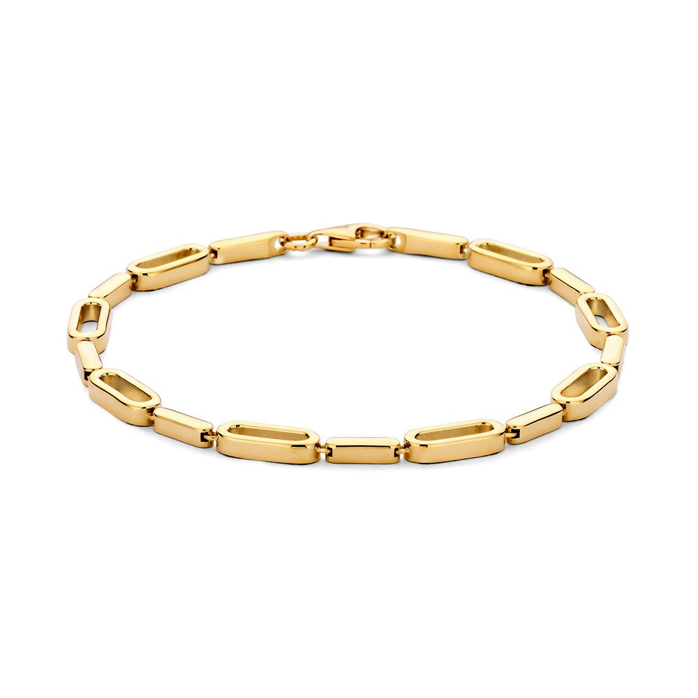 Pulsera de eslabones de oro amarillo con un diseño juguetón y elegante.