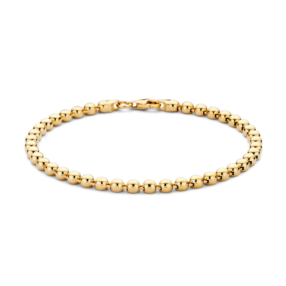 Pulsera amarilla de oro con bolitas doradas, diseño sencillo y elegante.