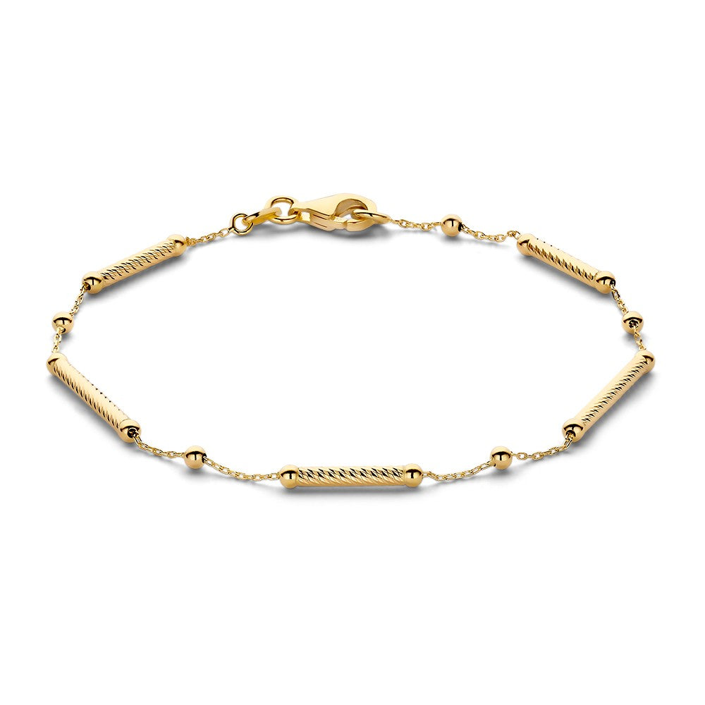 Pulsera elegante de oro amarillo de 14 quilates, con eslabones rectangulares y detalles en relieve.