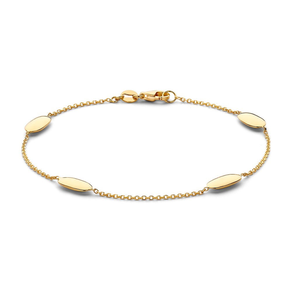Pulsera de oro amarillo con eslabones alargados y detalles en forma ovalada.