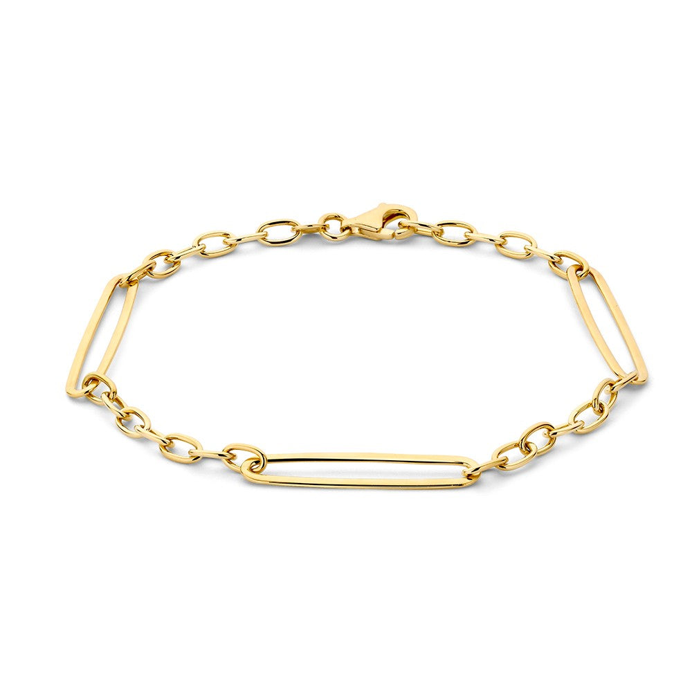 Pulsera de oro amarillo con eslabones y detalles alargados.