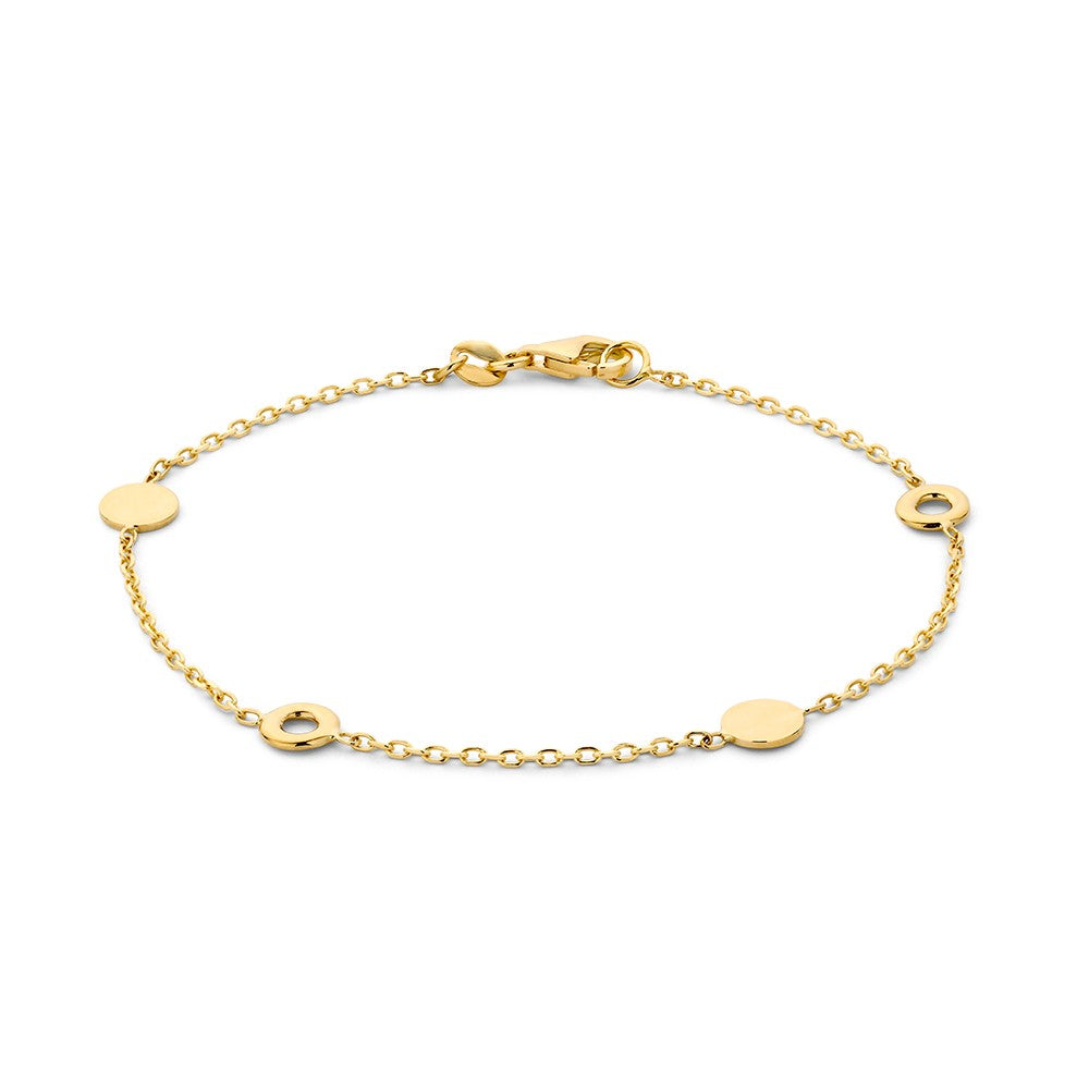 Pulsera de oro amarillo con tres discos decorativos en la cadena.
