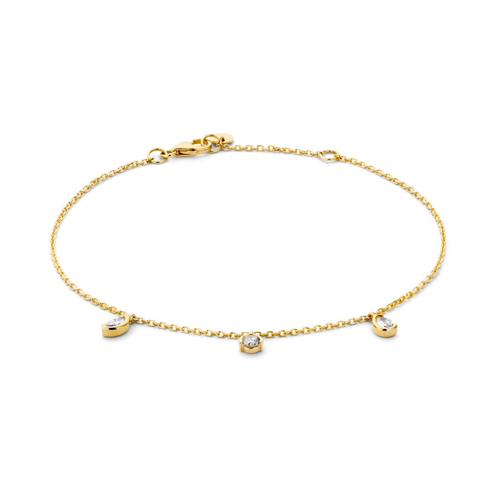 Pulsera de oro amarillo con brillantes de 0,24 crt y tres detalles brillantes.