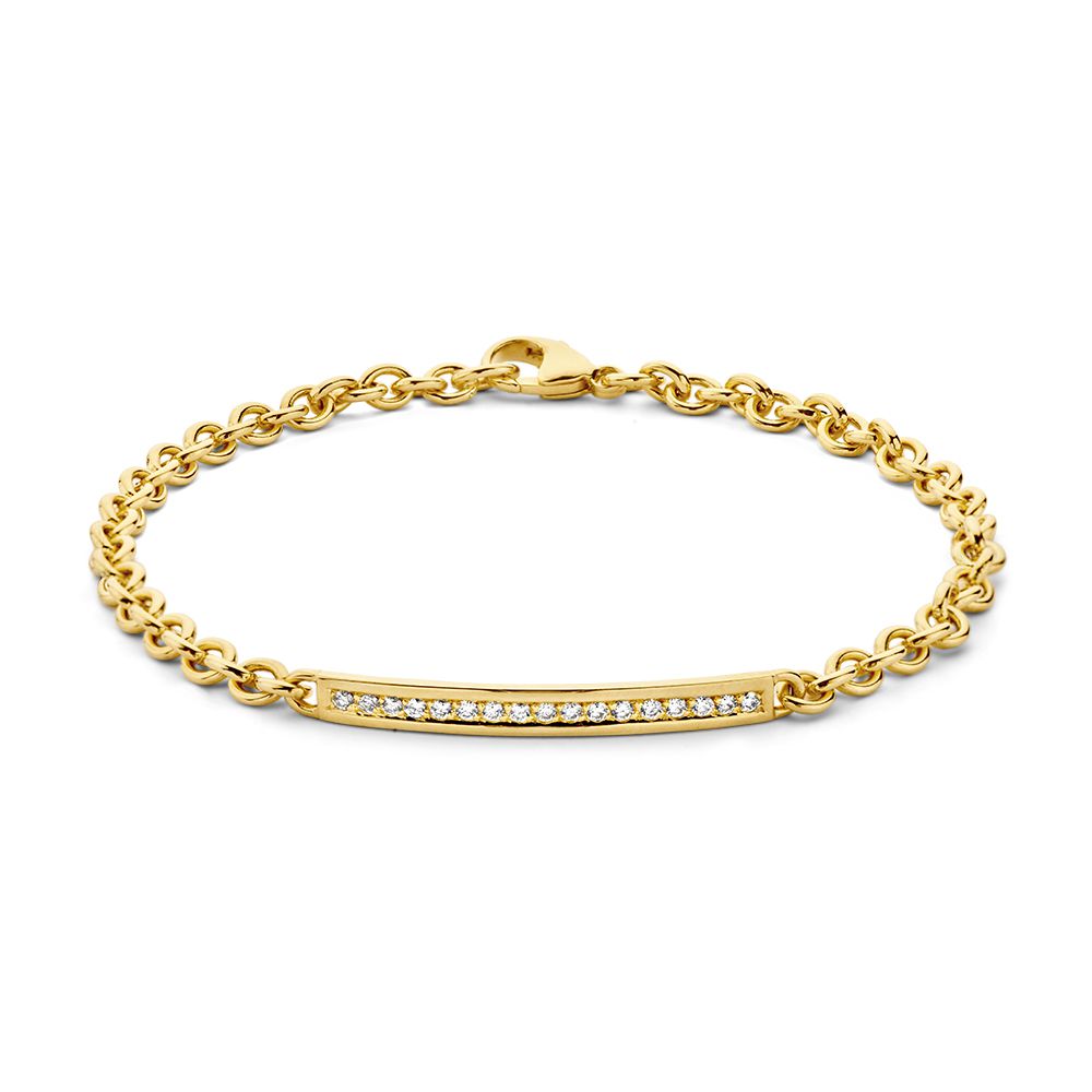 Pulsera de oro amarillo de 14 quilates con diamantes, longitud de 19 cm y detalle brillante.