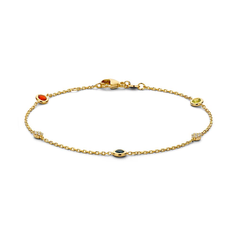 Pulsera de oro amarillo de 14 quilates con topacio azul de Londres, peridoto, ópalo de fuego y diamantes.