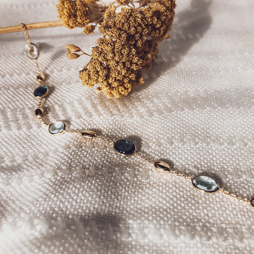 Pulsera de oro amarillo con piedras preciosas azules topacio y topacio azul de Londres – 14 quilates, 19 cm