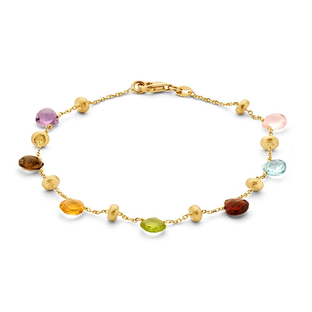 Pulsera de oro amarillo de 14 quilates con piedras preciosas multicolores y detalles en forma de disco.
