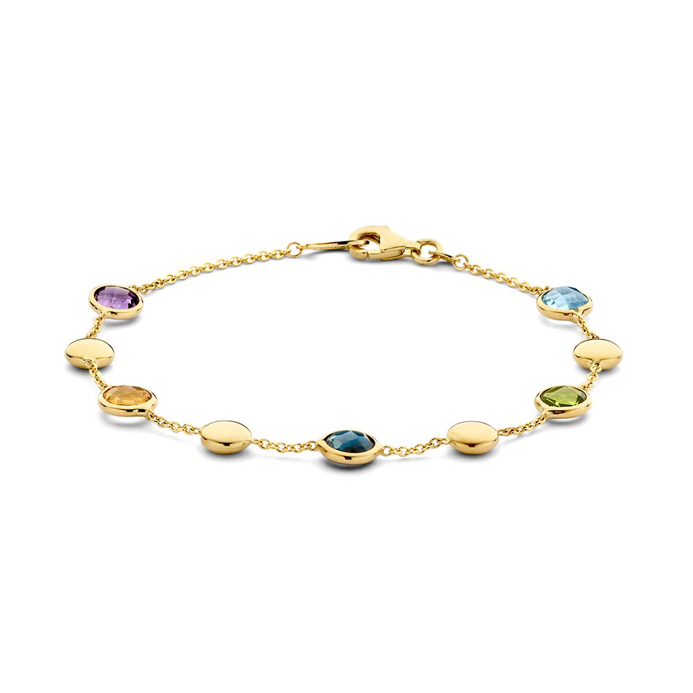 Pulsera de oro amarillo de 14 quilates con amatista, citrino, peridoto y topacio, con diseño delicado.