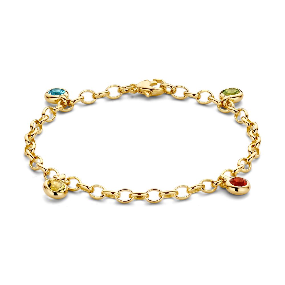 Pulsera de oro amarillo de 14 quilates con charms de topacio azul, peridoto, cuarzo limón y ópalo de fuego.