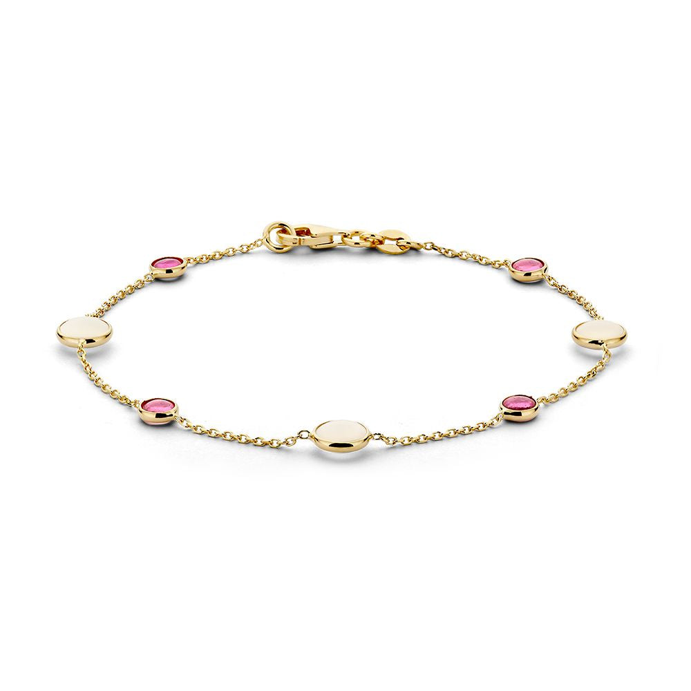 Pulsera de 14 quilates en oro amarillo con piedras de luna y rubíes, de 19 cm de longitud.
