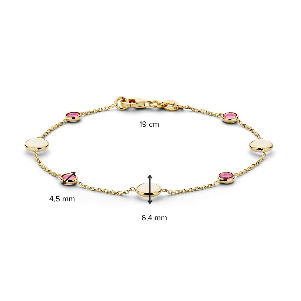Pulsera Estilosa con Piedra de Luna y Rubí – Oro Amarillo de 14 Quilates, 19 cm