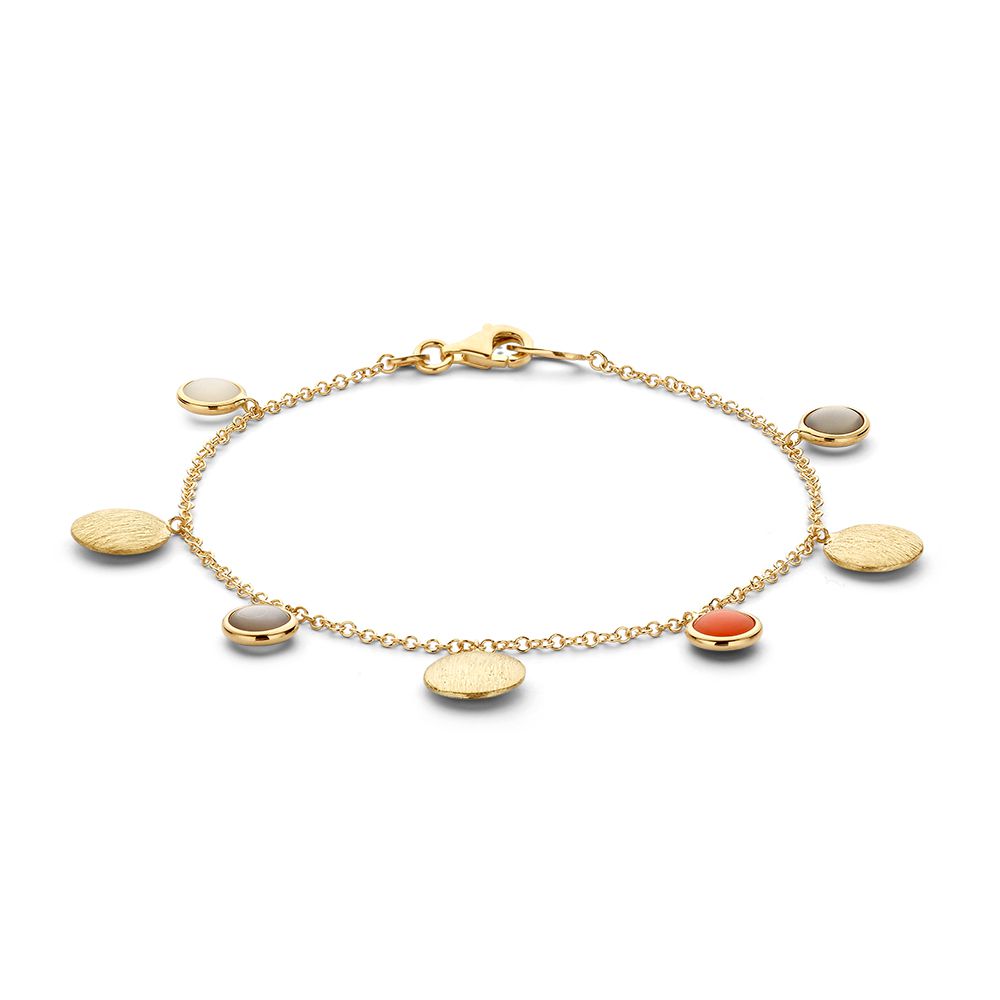 Pulsera de oro amarillo de 14 quilates con charms de piedra lunar, de 19 cm de longitud.