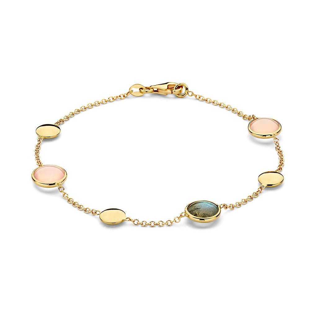 Pulsera de oro amarillo de 14 quilates con labradorita y cuarzo rosa, con eslabones redondos.