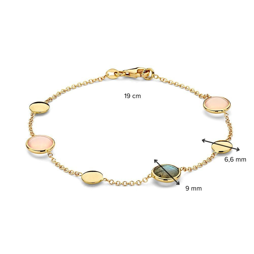 Pulsera de oro amarillo con labradorita y cuarzo rosa – 14 quilates, 19 cm