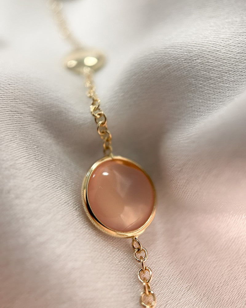 Pulsera de oro amarillo con labradorita y cuarzo rosa – 14 quilates, 19 cm