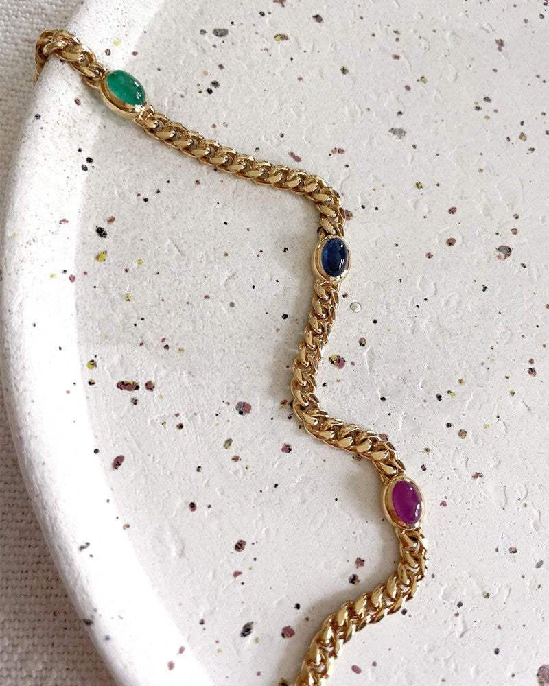 Pulsera de oro amarillo con rubí, zafiro y esmeralda – 14 quilates, 19 cm