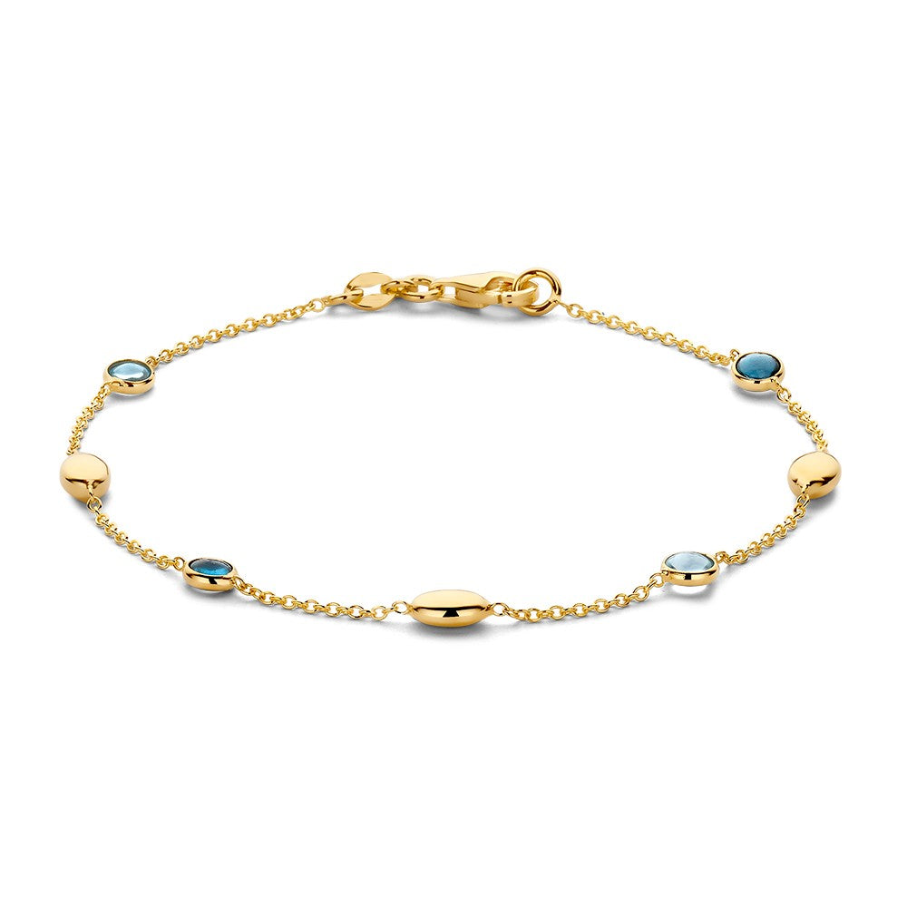 Pulsera de oro amarillo de 14 quilates con topacios azules, de 19 cm, con detalles brillantes.