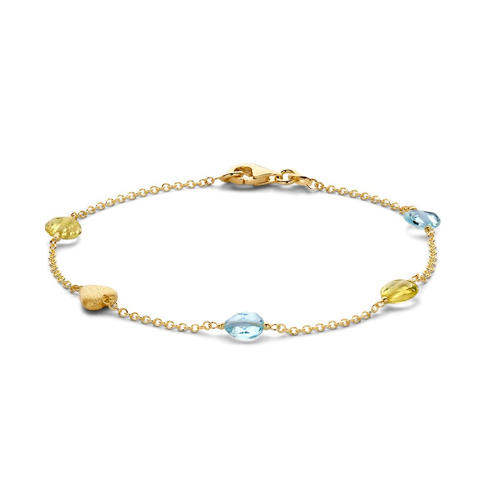 Pulsera de oro amarillo de 14 quilates con cuarzo limón y topacio azul, de 19 cm.