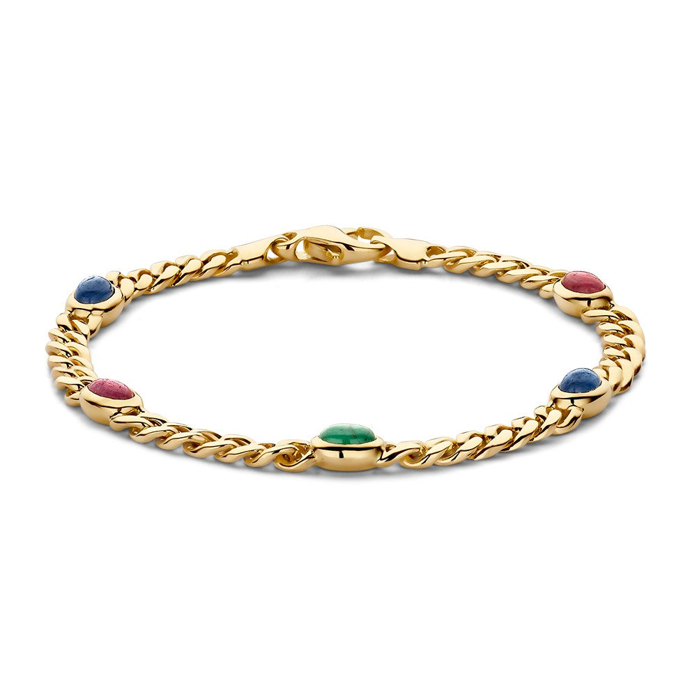 Pulsera de oro amarillo con piedras preciosas de colores.