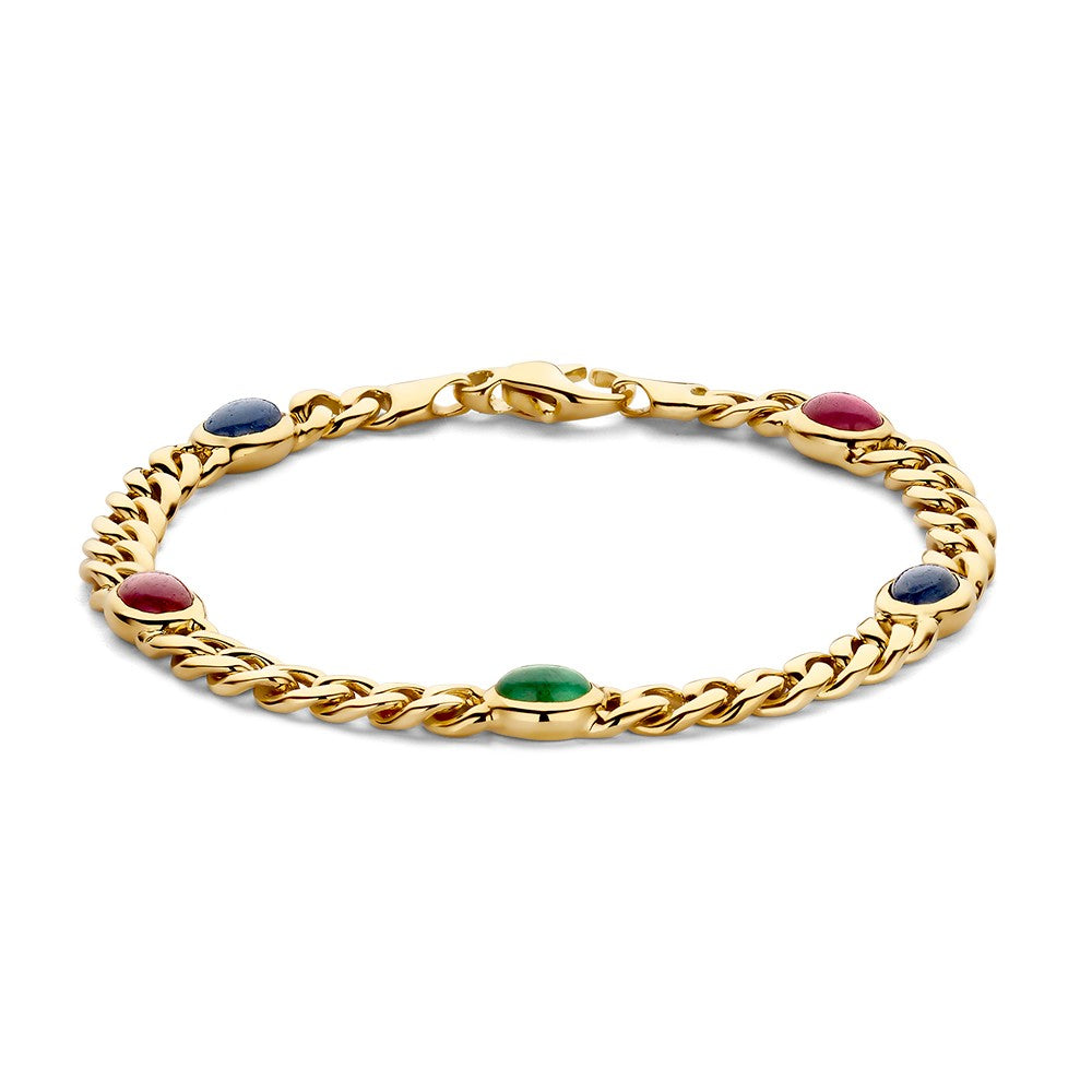 Pulsera de oro amarillo con piedras preciosas de colores rojo, azul y verde.