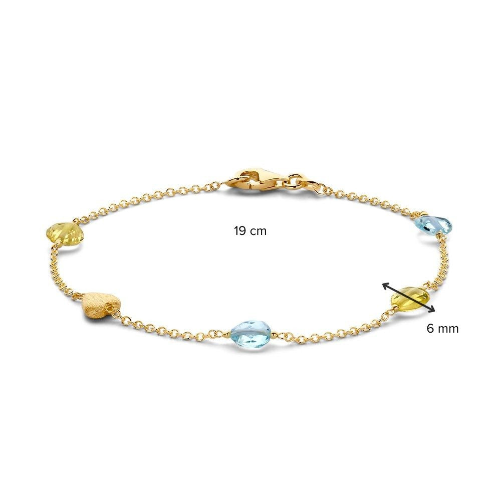 Pulsera de oro amarillo con cuarzo limón y topacio azul – 14 quilates, 19 cm