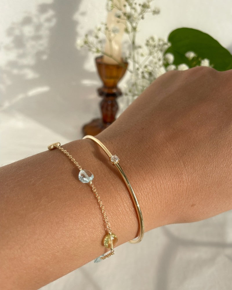 Pulsera de oro amarillo con cuarzo limón y topacio azul – 14 quilates, 19 cm
