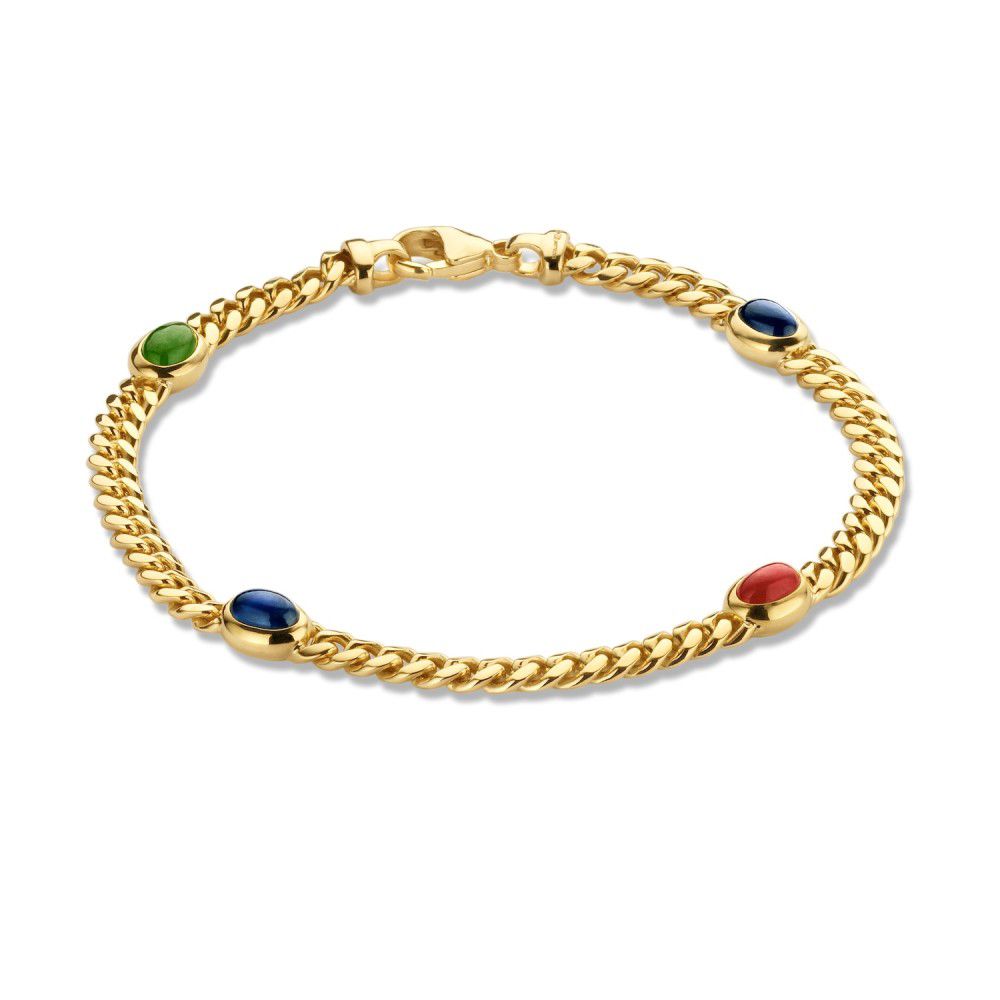 Pulsera de oro amarillo de 14 quilates con rubí, zafiro y esmeralda, con diseño trenzado.