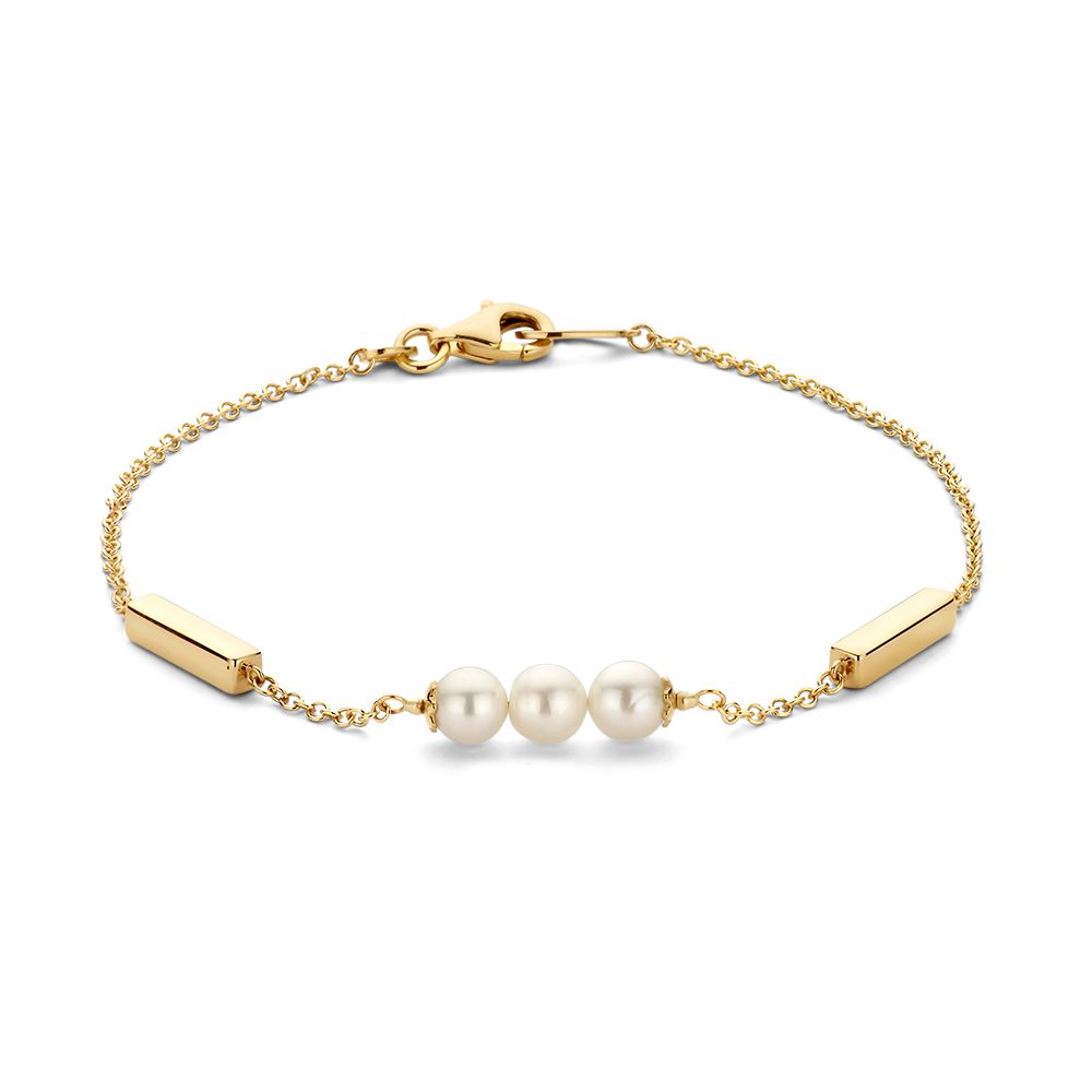 Pulsera de oro amarillo con barras y perlas de agua dulce, mide 19 cm.