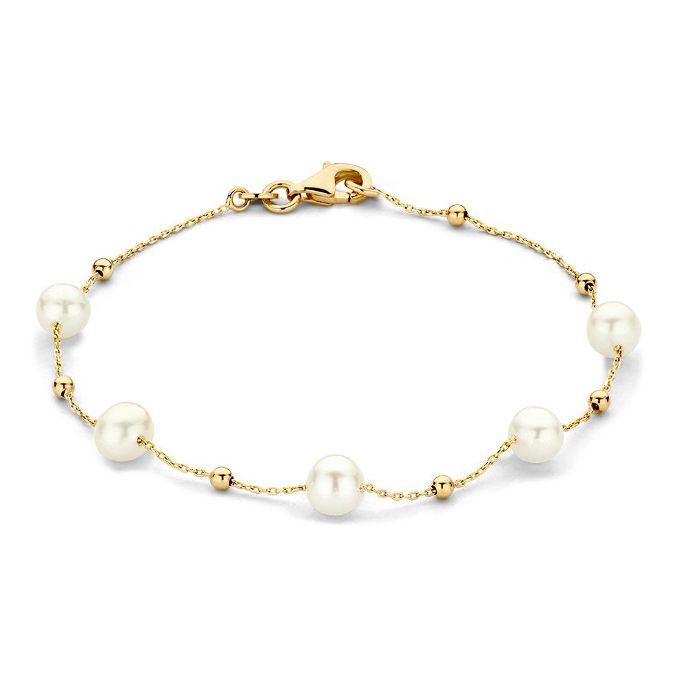 Pulsera de oro amarillo con perlas y bolitas doradas de 14 quilates, longitud de 19 cm.
