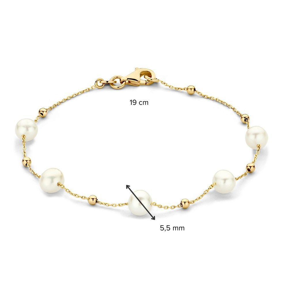 Pulsera de oro amarillo con perlas y bolitas de oro – Pulsera de mujer de 14 quilates 19 cm