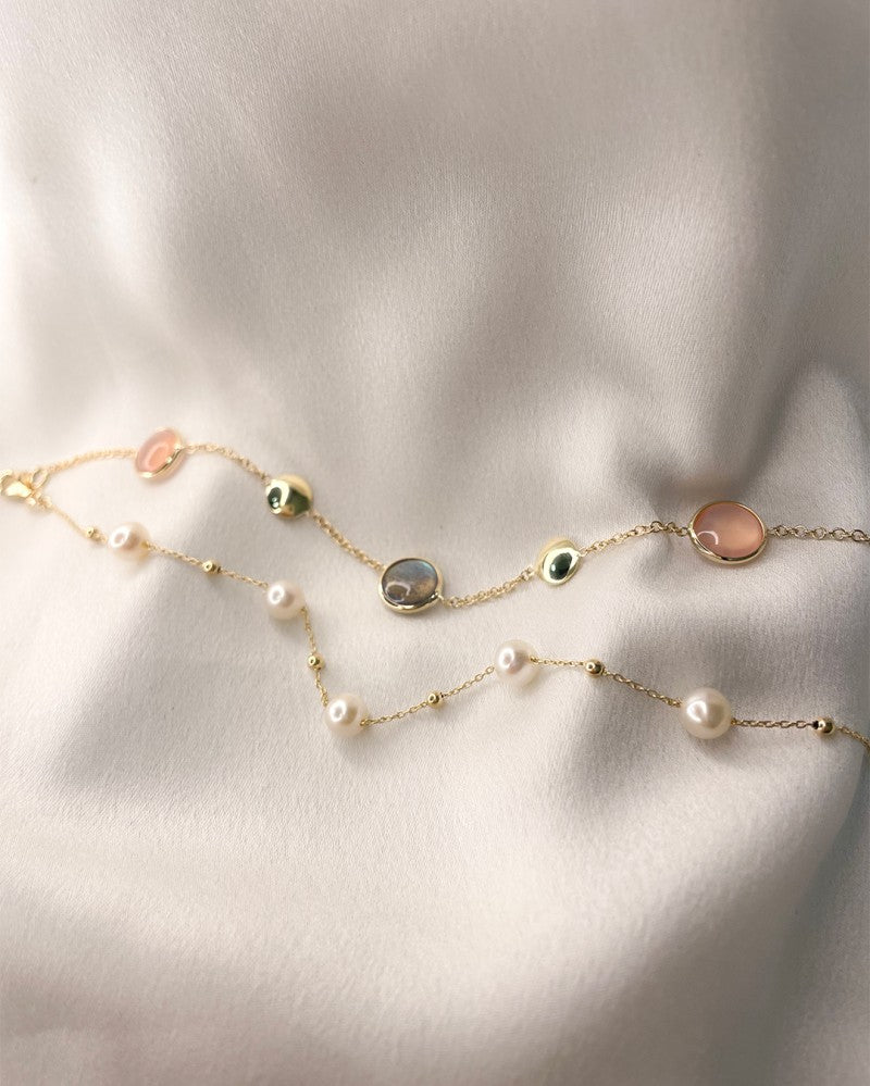 Pulsera de oro amarillo con perlas y bolitas de oro – Pulsera de mujer de 14 quilates 19 cm